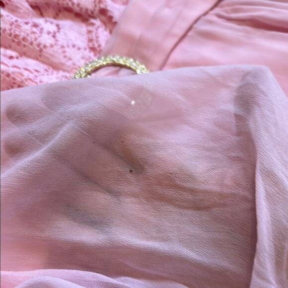 Vintage 70s Pink Lace & Chiffon Mock Neck Bishop Sleeves Maxi Dress Size Small - Picture 9 of 9